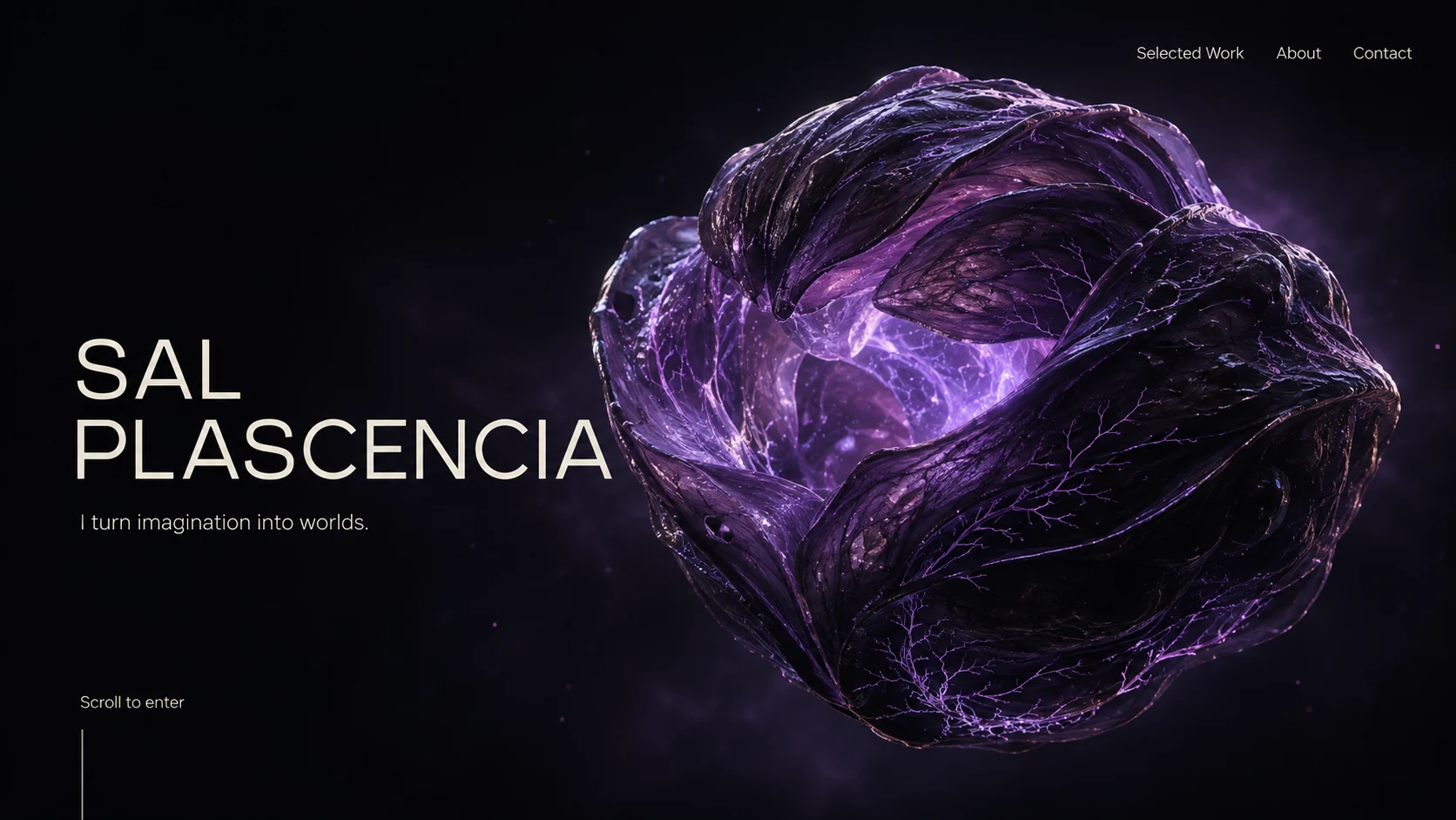 Opening portfolio concept showing Sal Plascencia beside a violet-lit alien organism with layered obsidian membranes.