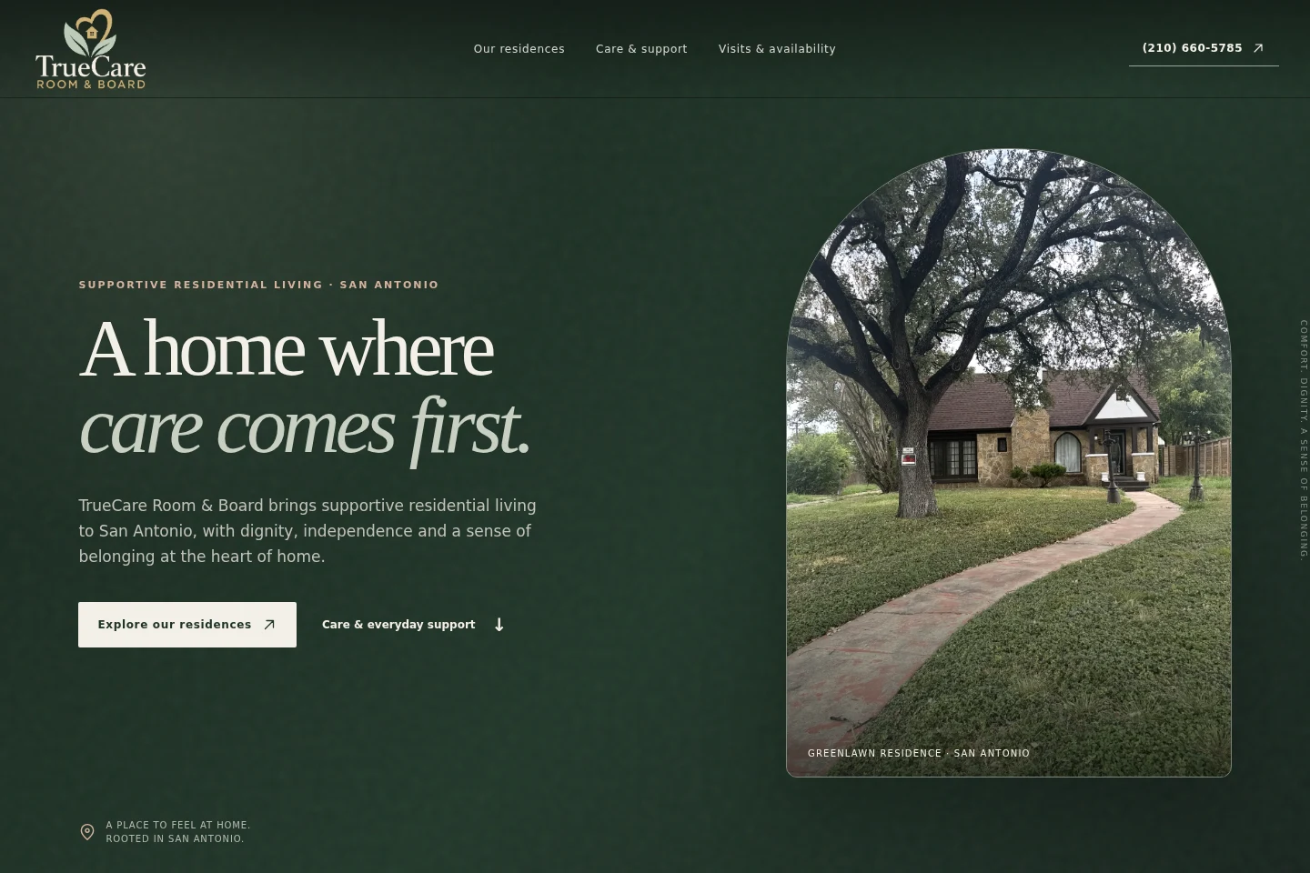 TrueCare Room & Board website with forest-green typography and an arched photograph of a San Antonio residence.