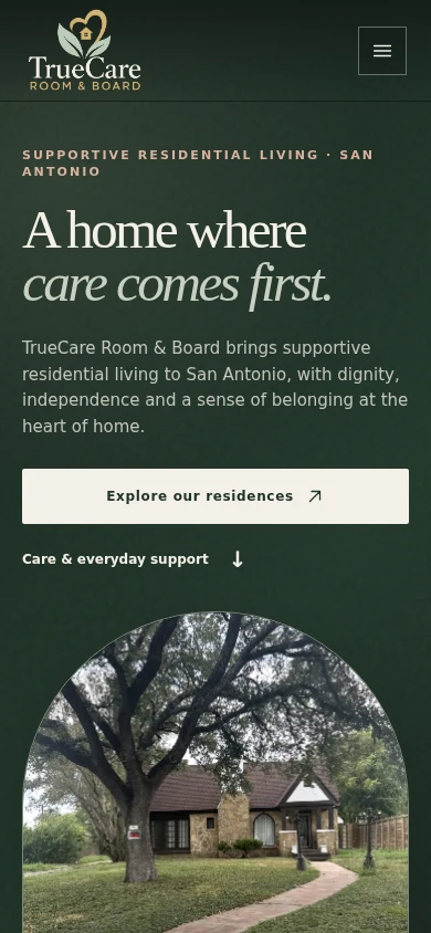 The TrueCare Room & Board homepage on a phone-sized screen.