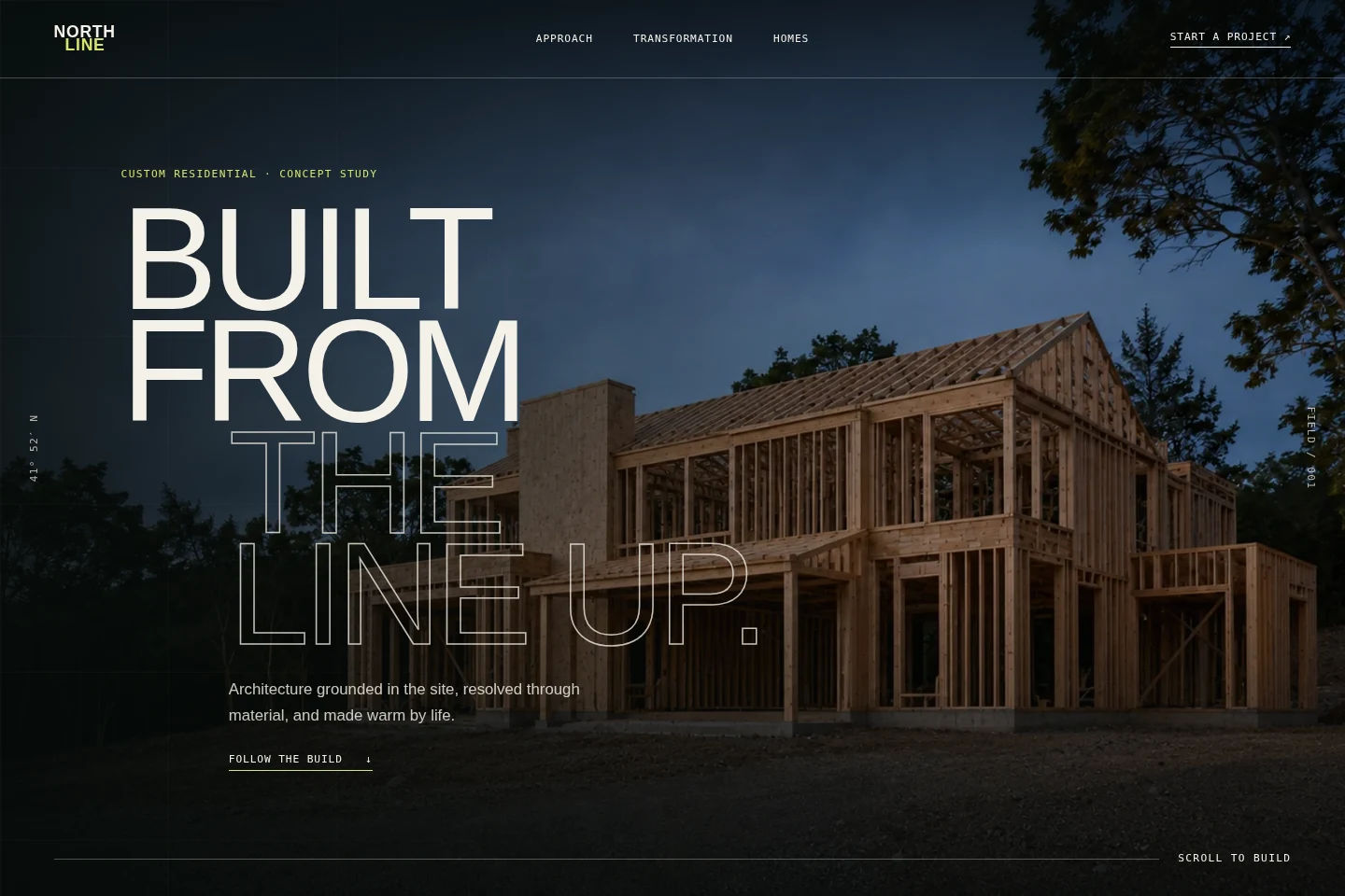 Northline Build Co. website with oversized architectural typography over a timber-framed house at dusk.