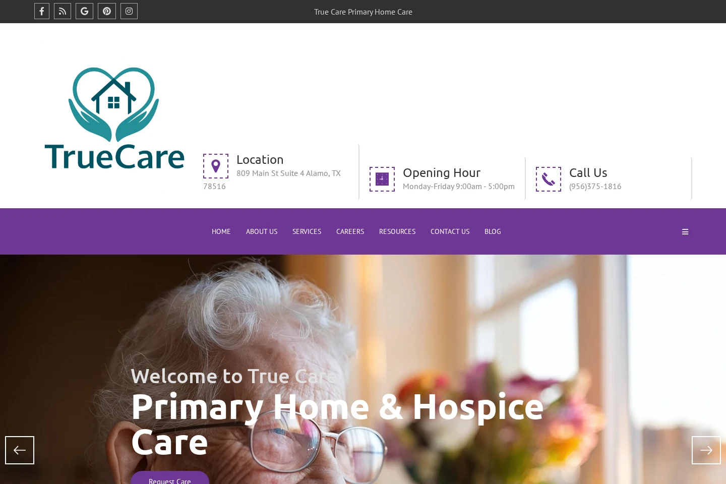 True Care Primary Home Care website with its teal logo, purple navigation, and senior-care photography.