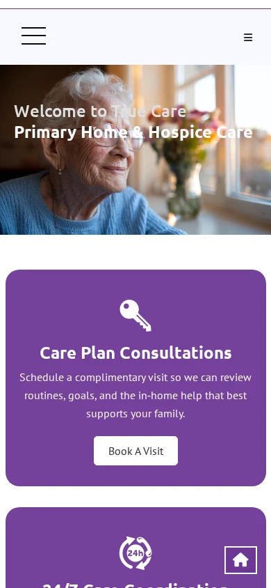 The True Care Primary Home Care mobile website, scrolled to its welcome and services.